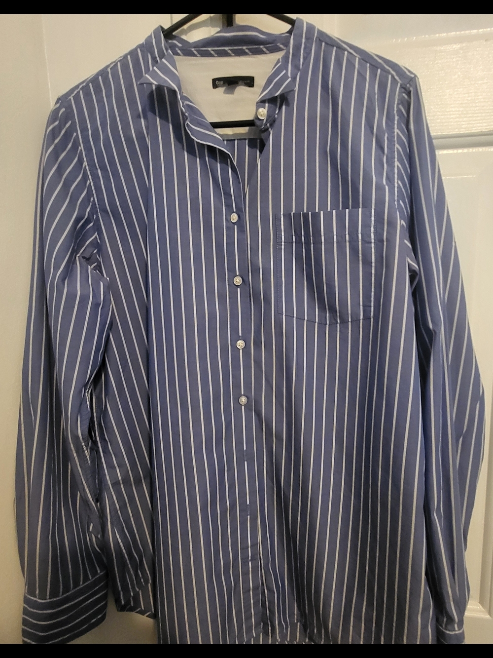 GAP Ladies Navy and White Vertical Stripe Button-Down Shirt